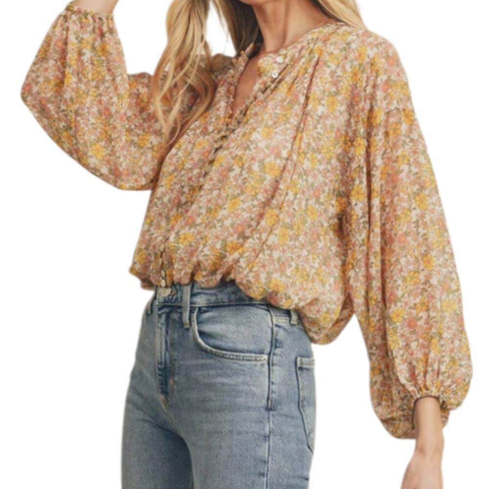 Women's NWT Dress Forum Floral Button Blouse Elastic Waistband Long Sleeves M